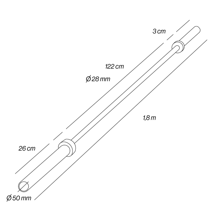 Barra Olímpica 1.8m * 50mm 4 rodamientos 340kg | Dimensiones